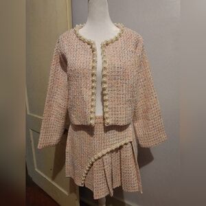 Elegant Tweed Skirt Suit with Pearl Trim